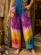 Women's Retro Style Art Print Washed Cotton Denim Patchwork Jumpsuit