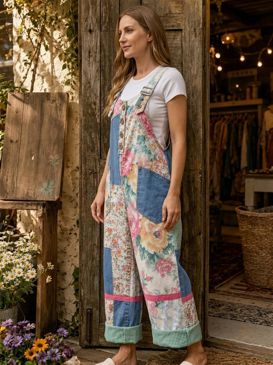 Women's Retro Style Art Print Washed Cotton Denim Patchwork Jumpsuit