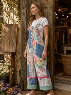 Women's Retro Style Art Print Washed Cotton Denim Patchwork Jumpsuit