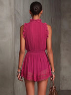 Fuchsia Ruffle Trim Pleated Chiffon Lace Jumpsuit