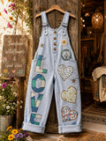 Women's Retro Style Art Print Washed Cotton Denim Patchwork Jumpsuit