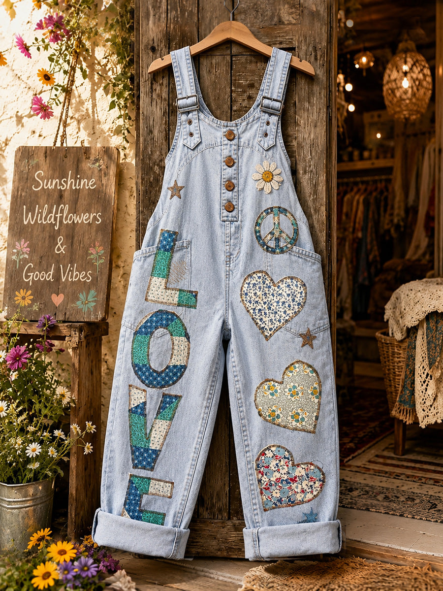 Women's Retro Style Art Print Washed Cotton Denim Patchwork Jumpsuit
