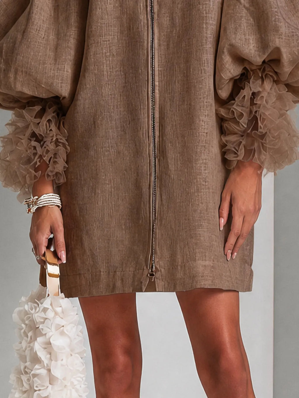 Brown Zip-Front Balloon Sleeve Mini Dress With Pleated Ruffle Cuffs