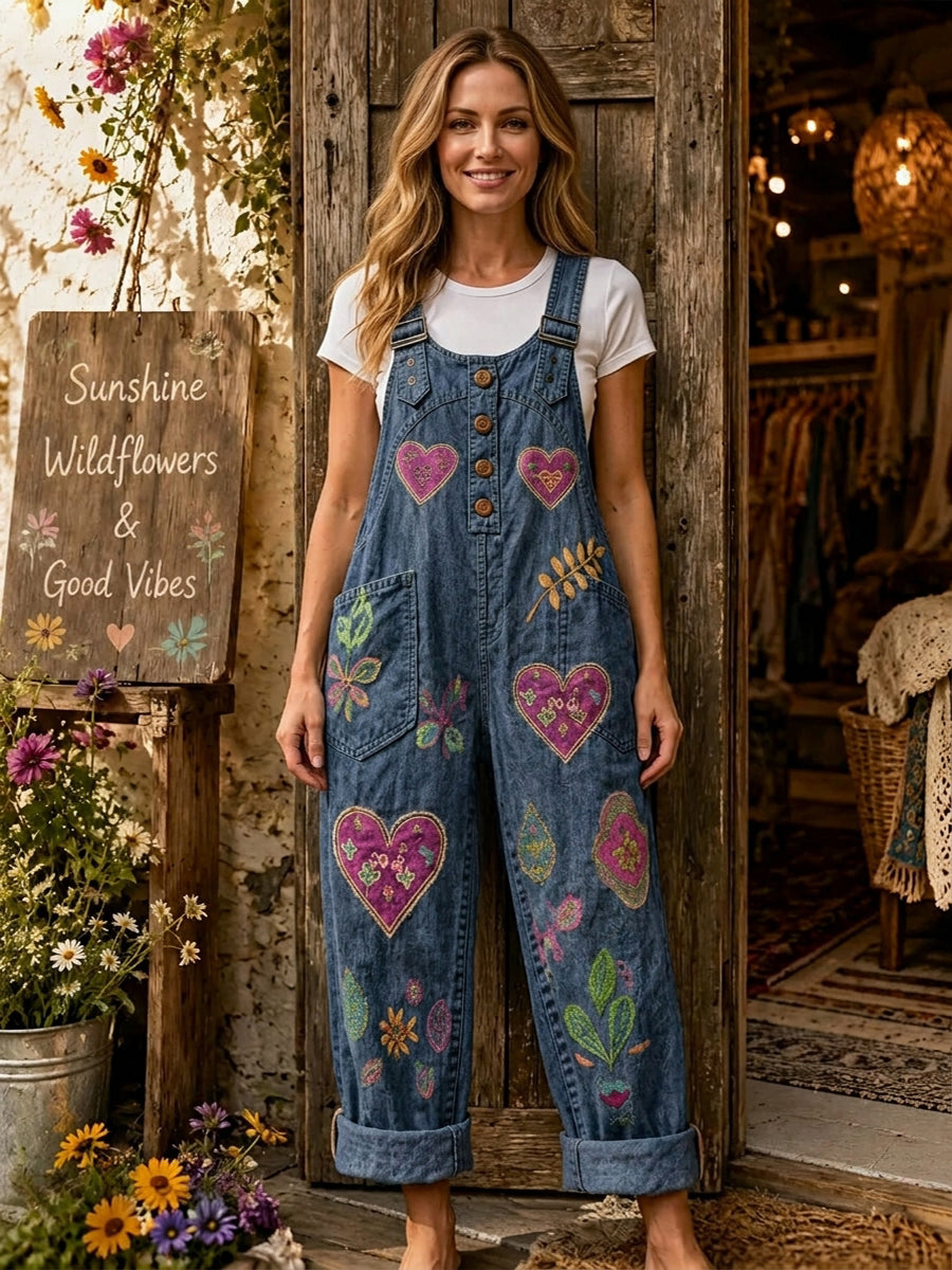 Women's Retro Style Art Print Washed Cotton Denim Patchwork Jumpsuit