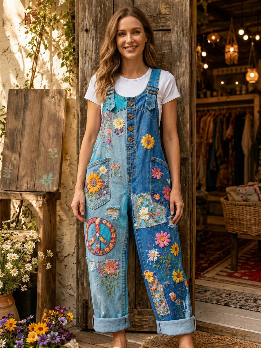 Women's Retro Style Art Print Washed Cotton Denim Patchwork Jumpsuit