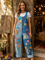 Women's Retro Style Art Print Washed Cotton Denim Patchwork Jumpsuit
