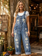Women's Retro Style Art Print Washed Cotton Denim Patchwork Jumpsuit