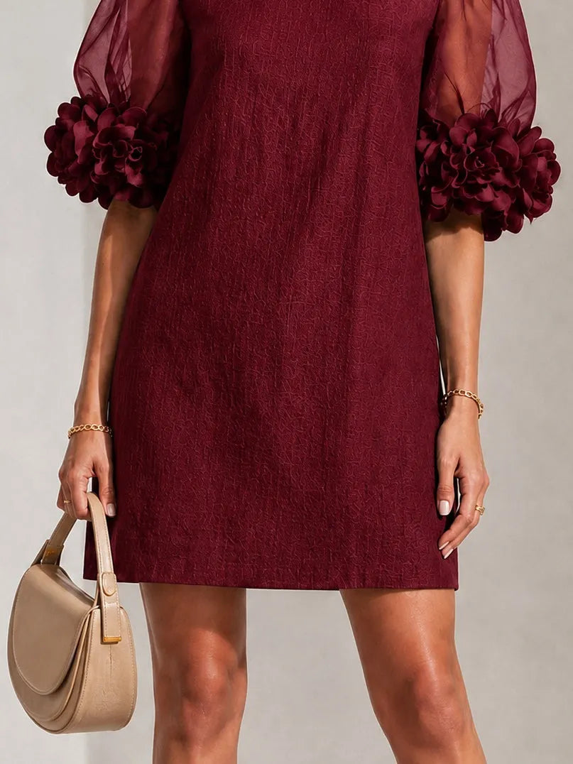 Burgundy Organza Puff-sleeved Mini Dress With Striking Floral Cuffs