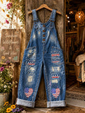 Women's Retro Style Art Print Washed Cotton Denim Patchwork Jumpsuit