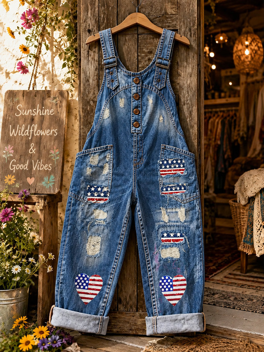 Women's Retro Style Art Print Washed Cotton Denim Patchwork Jumpsuit