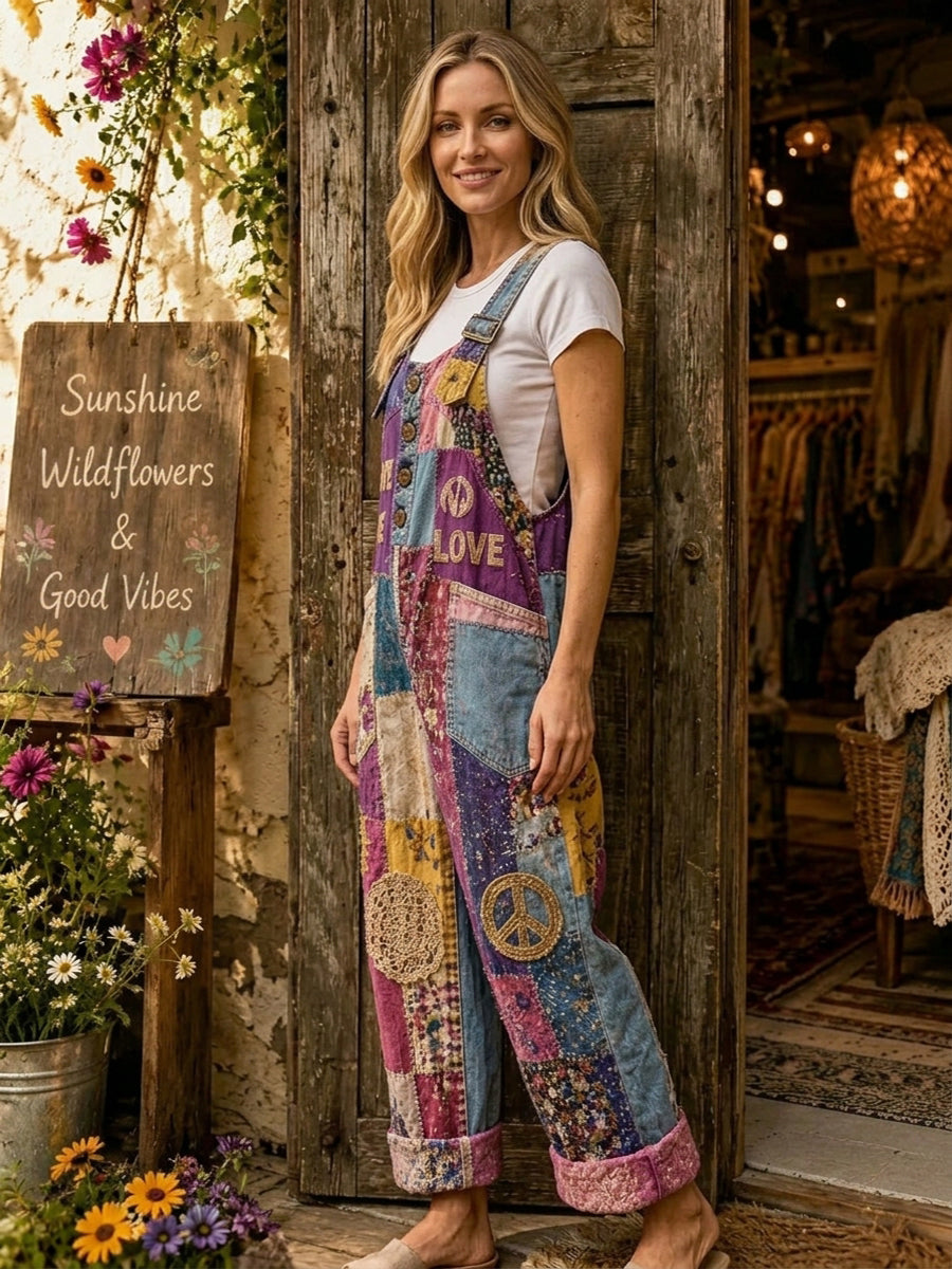 Women's Retro Style Art Print Washed Cotton Denim Patchwork Jumpsuit