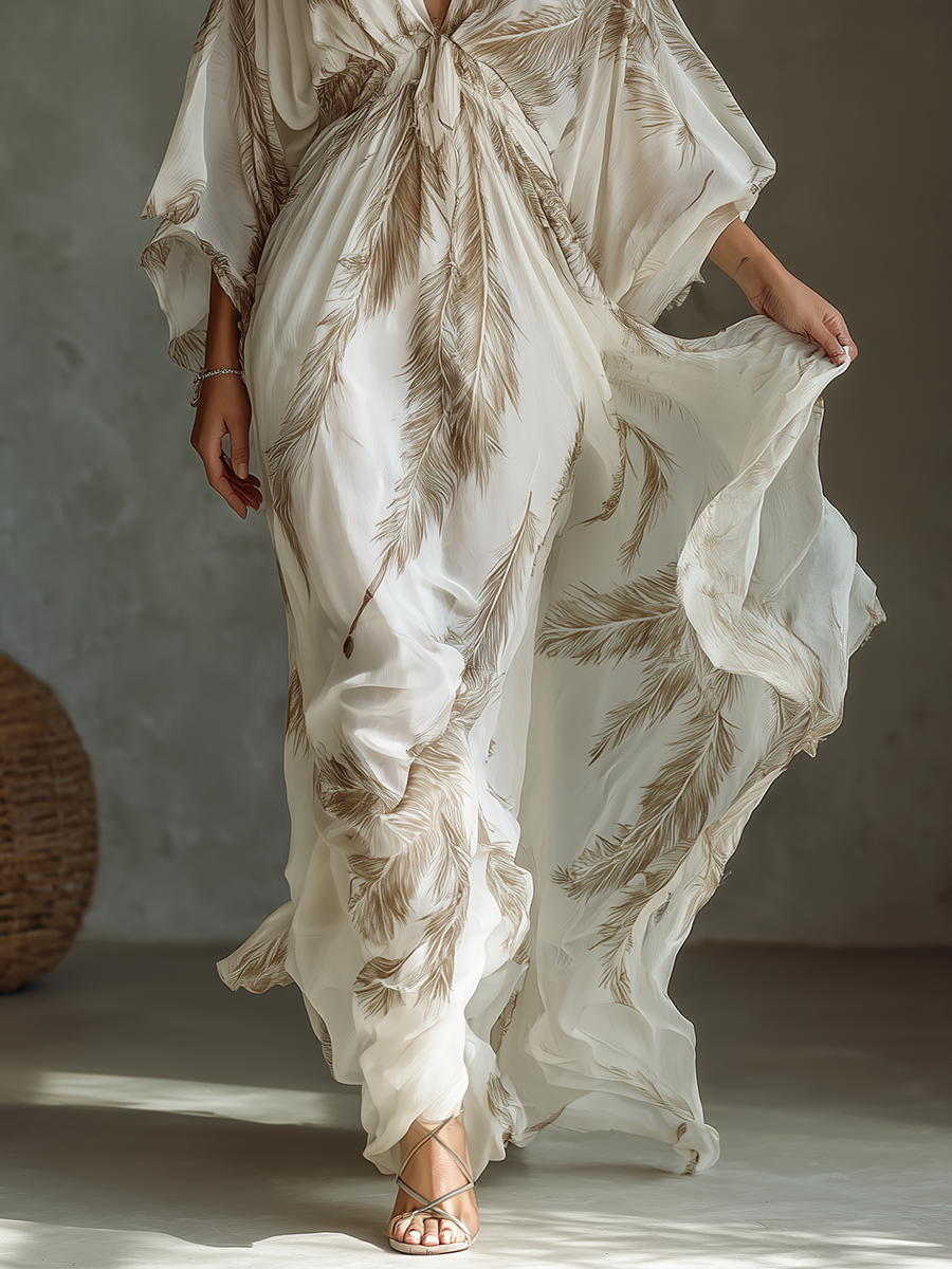 Twist Front & Palm Leaf Print Chiffon Dolman Sleeve Maxi Dress