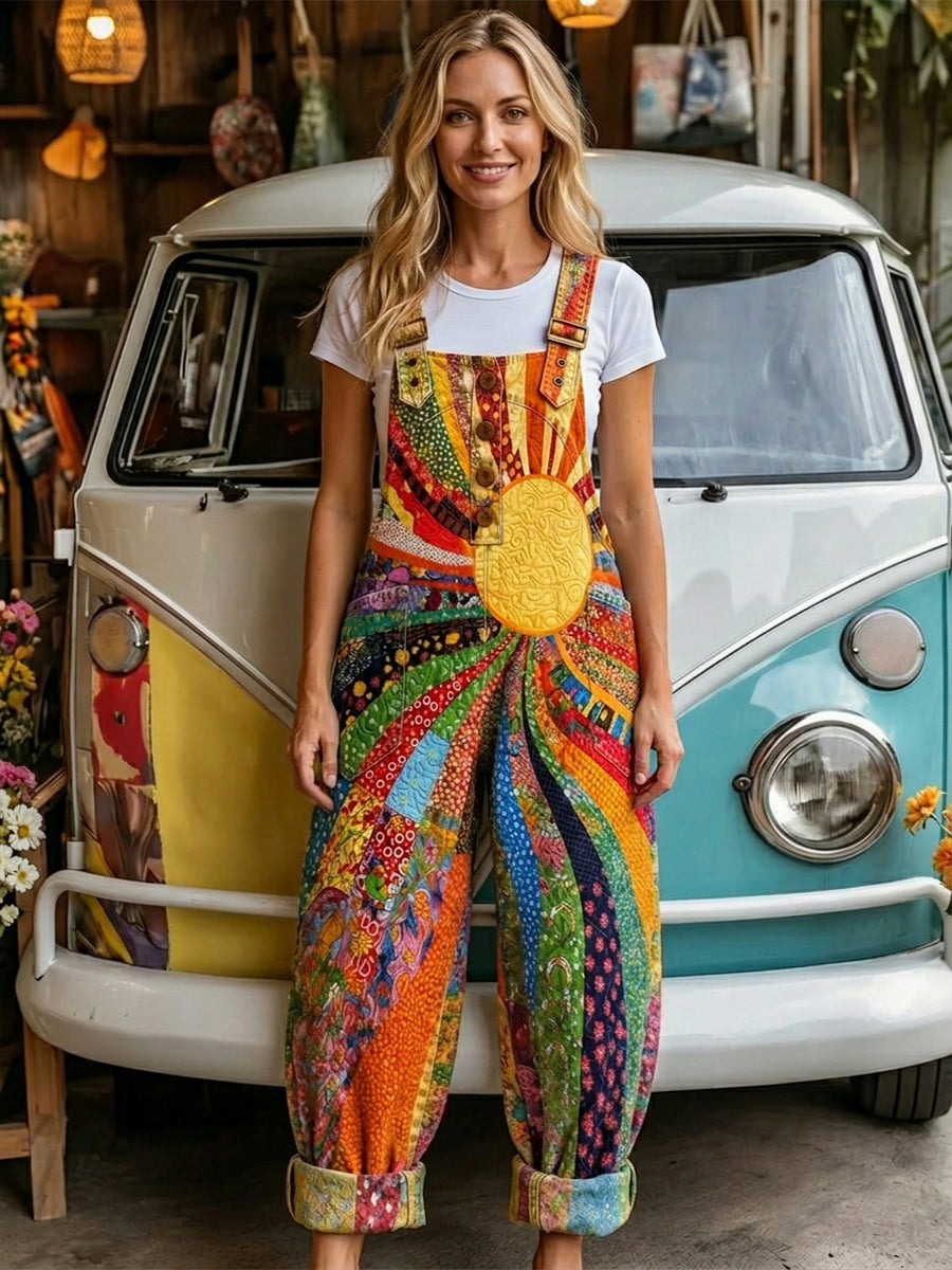 Women's Retro Style Art Print Washed Cotton Denim Patchwork Jumpsuit