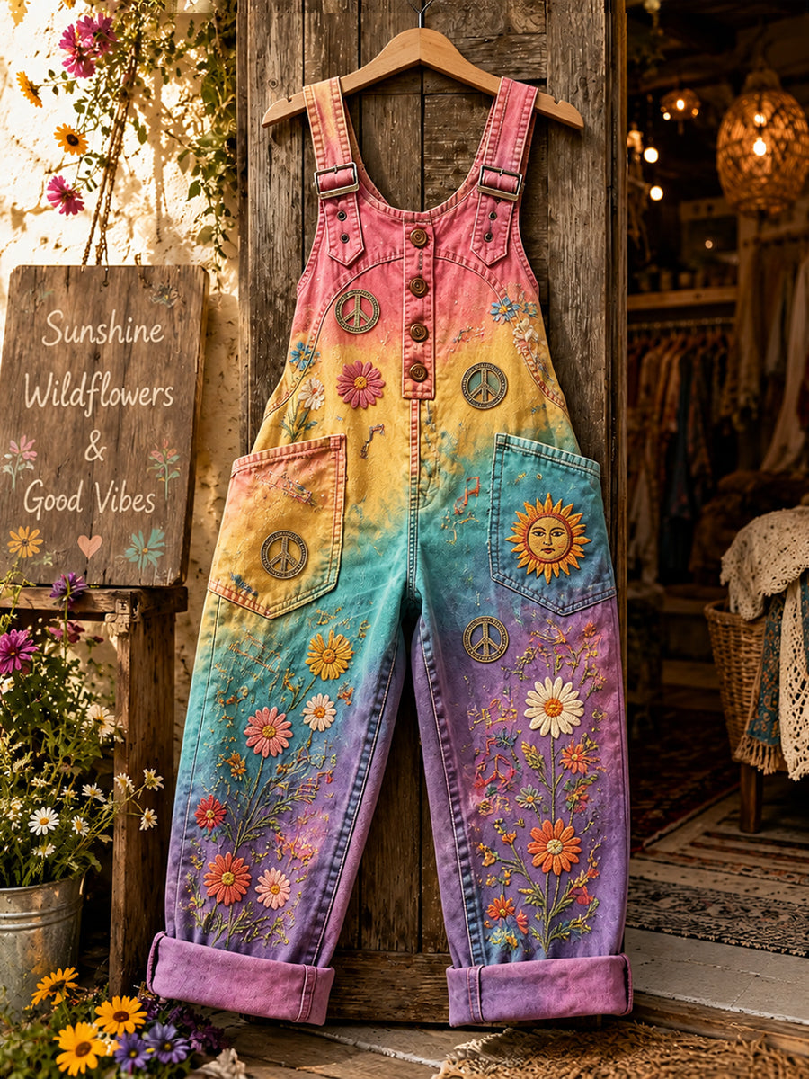Women's Retro Style Art Print Washed Cotton Denim Patchwork Jumpsuit