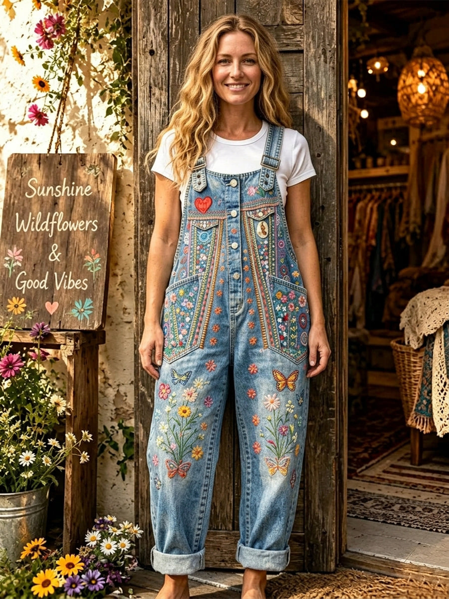 Women's Retro Style Art Print Washed Cotton Denim Patchwork Jumpsuit