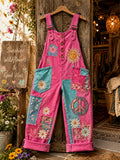 Women's Retro Style Art Print Washed Cotton Denim Patchwork Jumpsuit