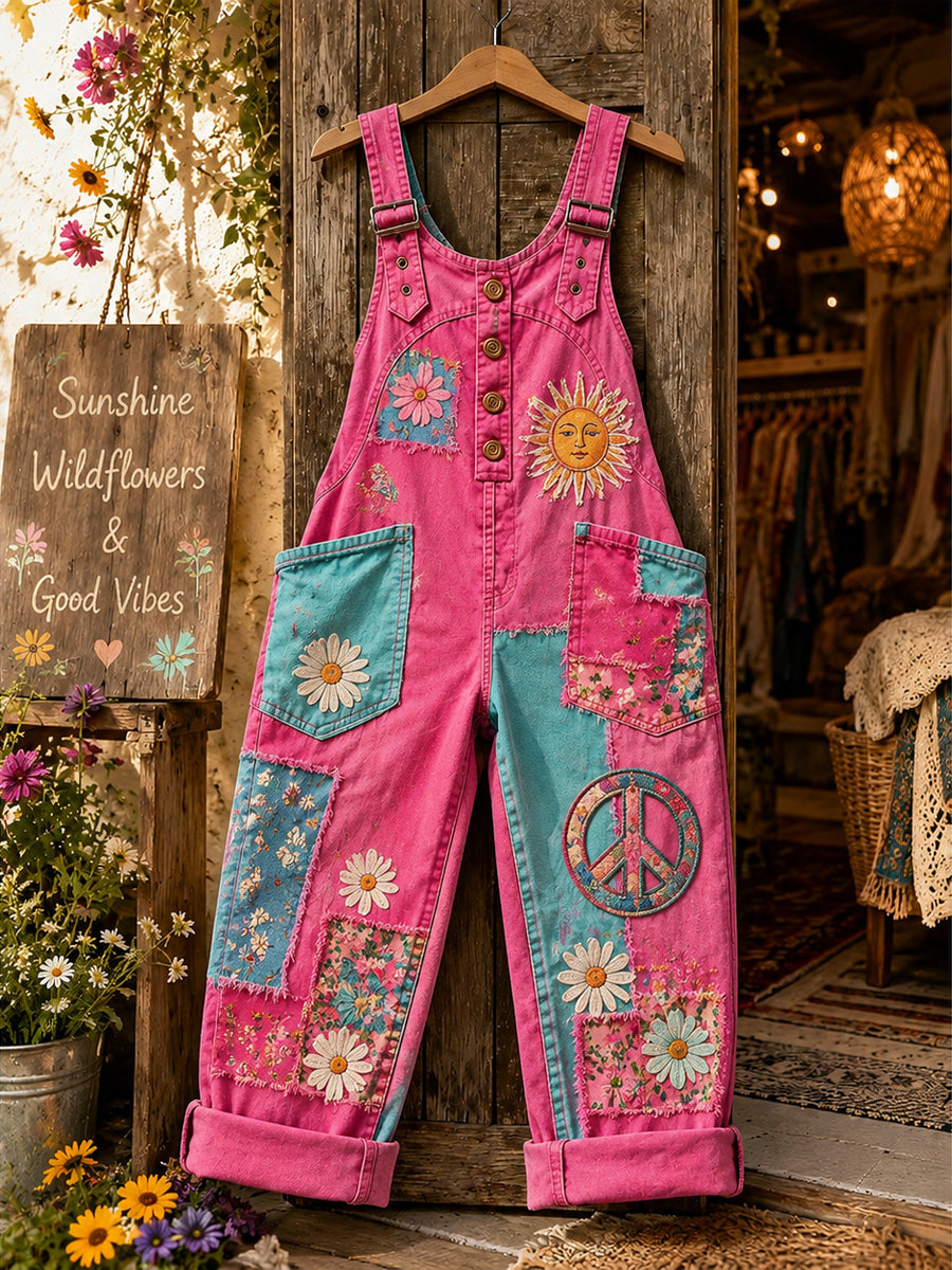 Women's Retro Style Art Print Washed Cotton Denim Patchwork Jumpsuit