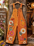 Women's Retro Style Art Print Washed Cotton Denim Patchwork Jumpsuit
