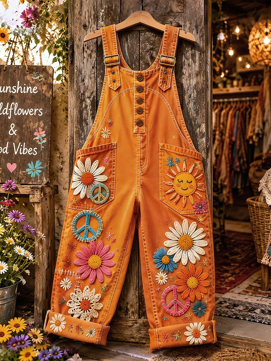 Women's Retro Style Art Print Washed Cotton Denim Patchwork Jumpsuit