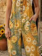 Women's Retro Style Print Washed Cotton Denim Patchwork Jumpsuit