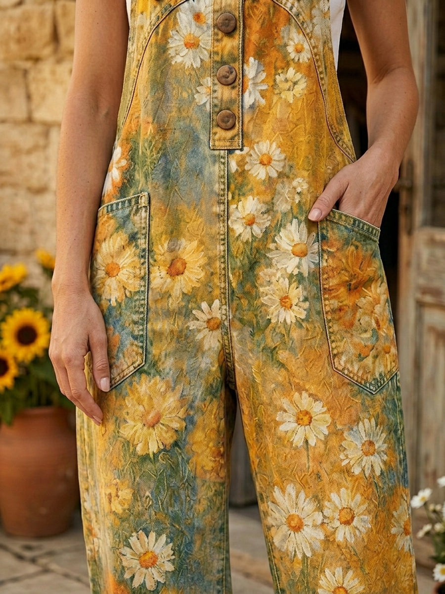 Women's Retro Style Print Washed Cotton Denim Patchwork Jumpsuit