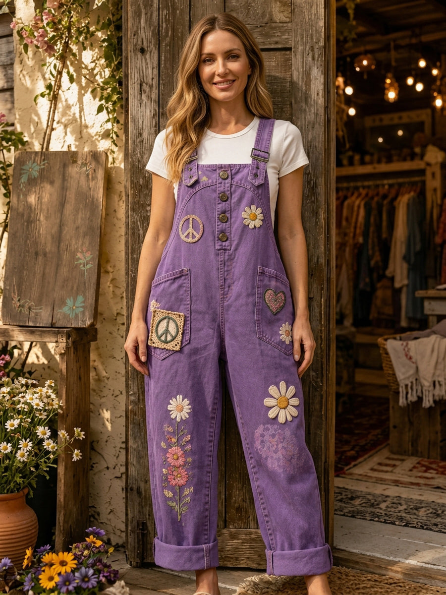Women's Retro Style Art Print Washed Cotton Denim Patchwork Jumpsuit