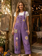 Women's Retro Style Art Print Washed Cotton Denim Patchwork Jumpsuit