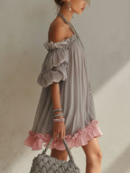 Gray Chiffon Off Shoulder Mini Dress With Pink Hem