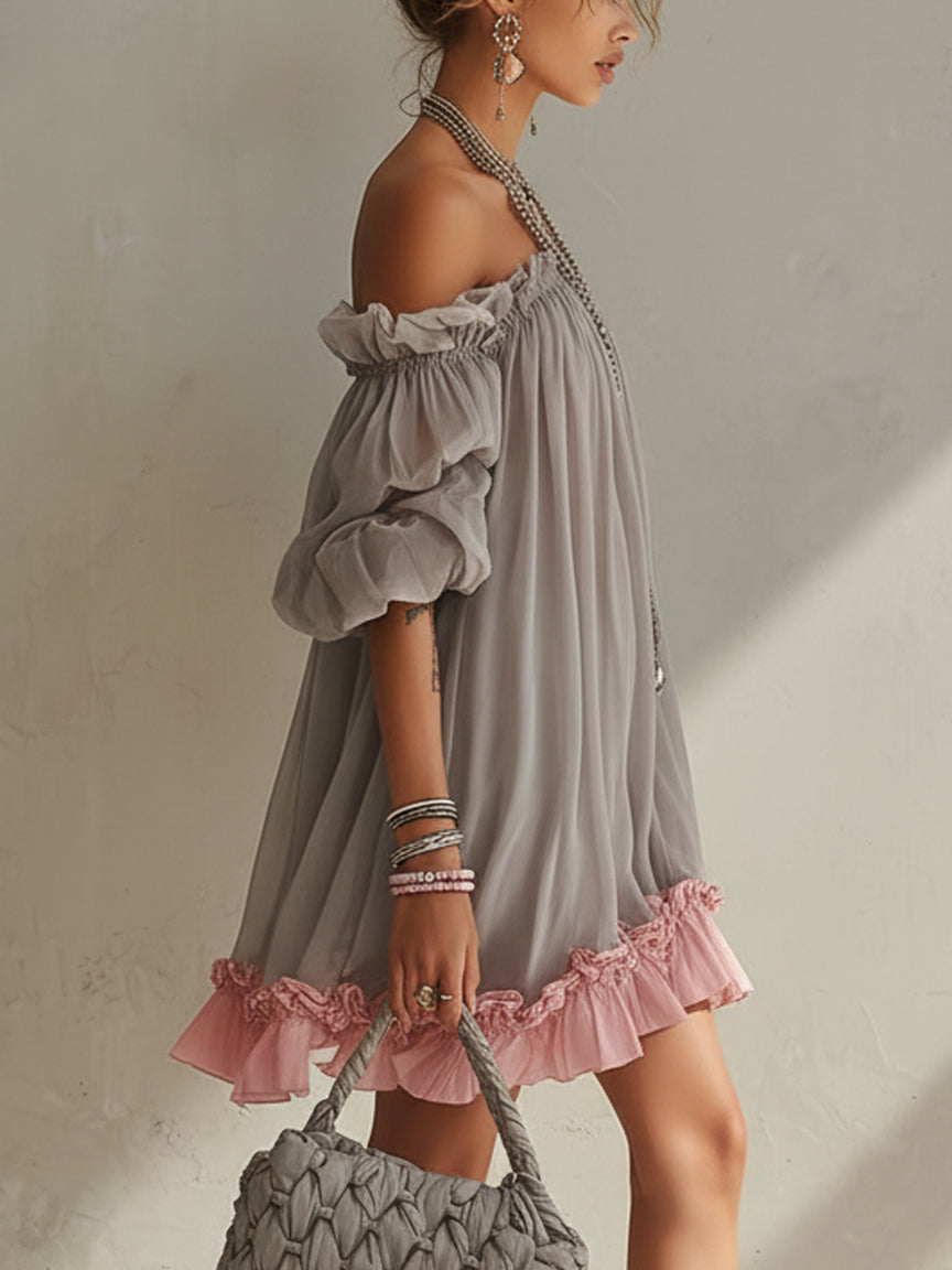 Gray Chiffon Off Shoulder Mini Dress With Pink Hem