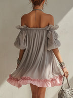 Gray Chiffon Off Shoulder Mini Dress With Pink Hem