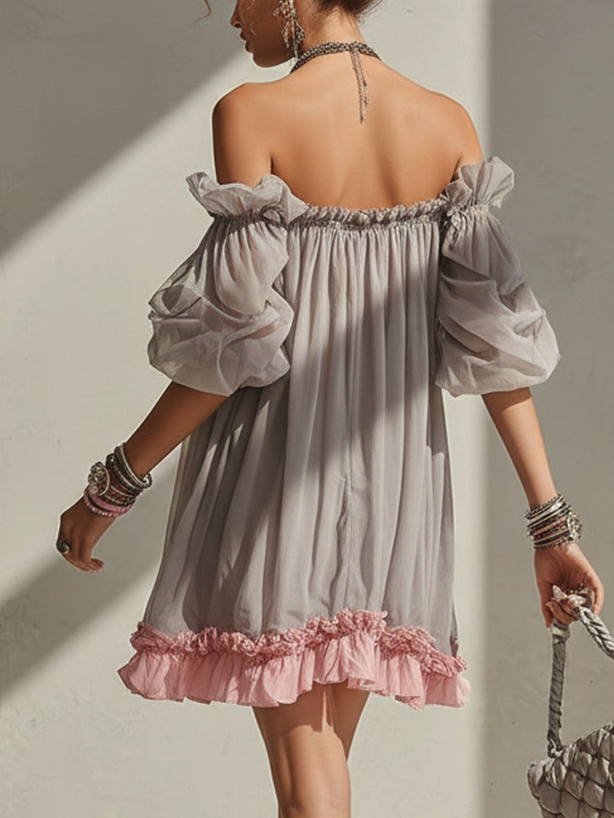 Gray Chiffon Off Shoulder Mini Dress With Pink Hem