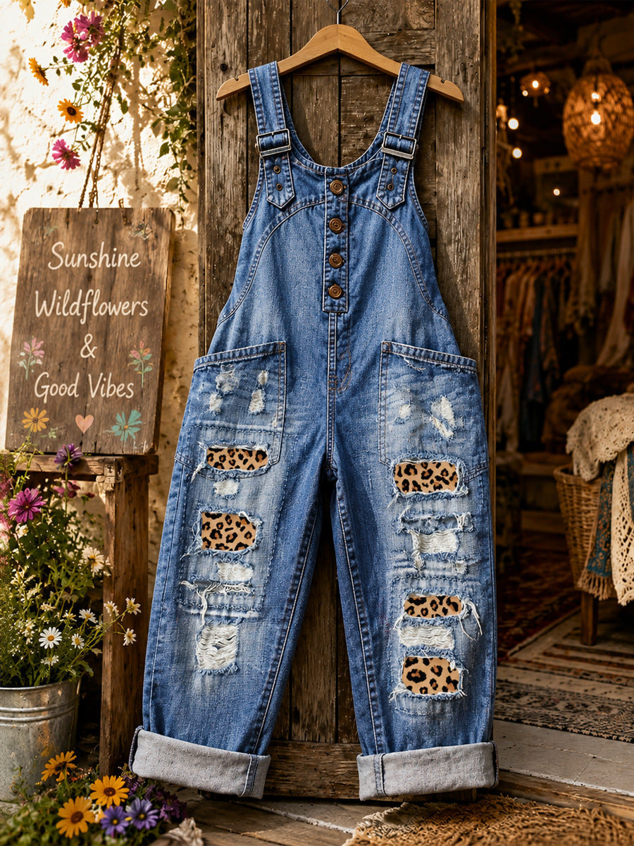 Women's Retro Style Art Print Washed Cotton Denim Patchwork Jumpsuit