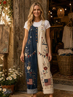 Women's Retro Style Art Print Denim Patchwork Jumpsuit