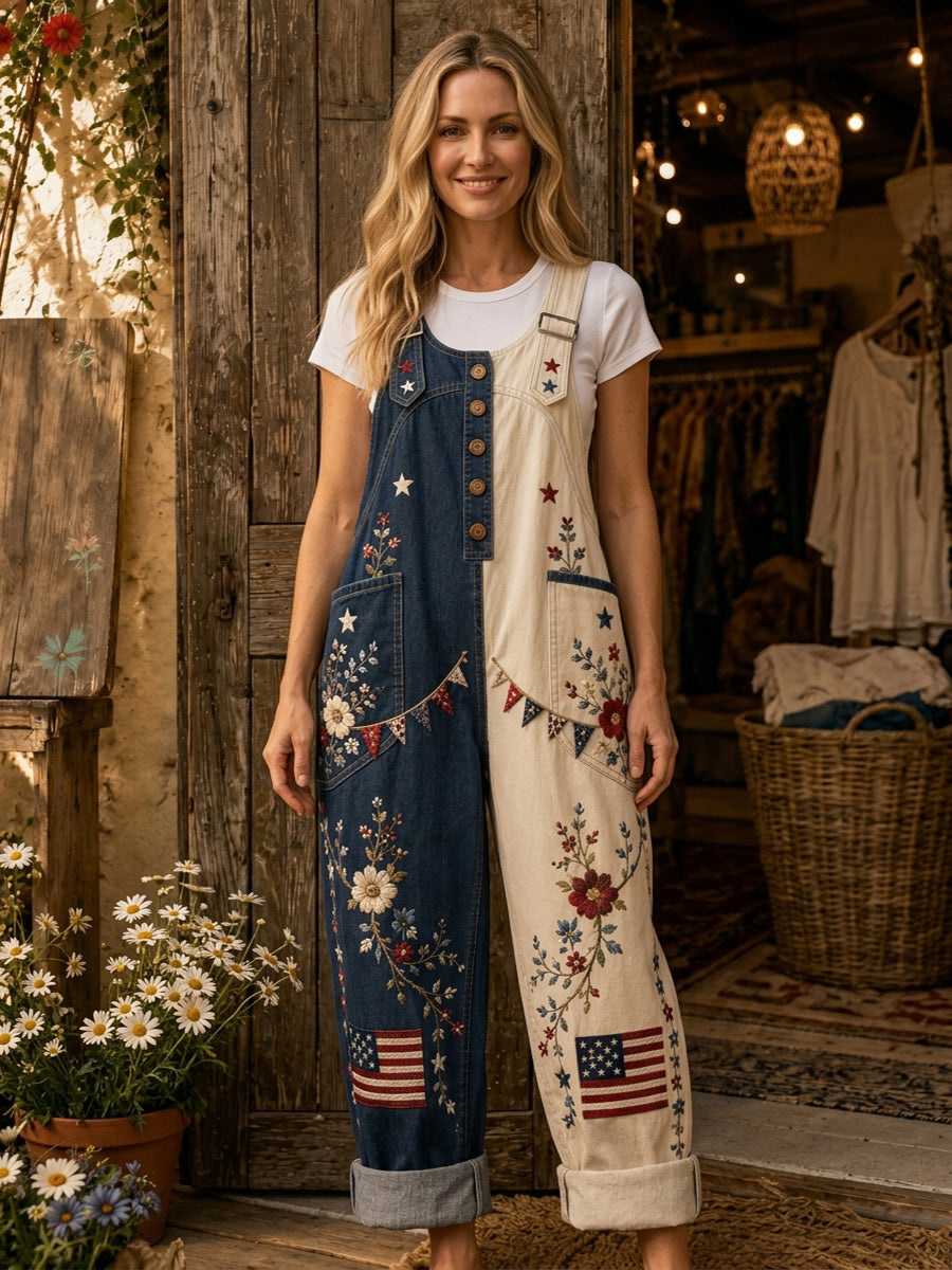 Women's Retro Style Art Print Denim Patchwork Jumpsuit