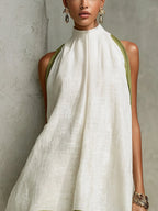 White And Olive Green Floral Sleeveless A-line Mini Dress