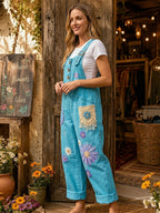 Women's Retro Style Art Print Washed Cotton Denim Patchwork Jumpsuit