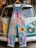 Women's Retro Style Art Print Washed Cotton Denim Patchwork Jumpsuit