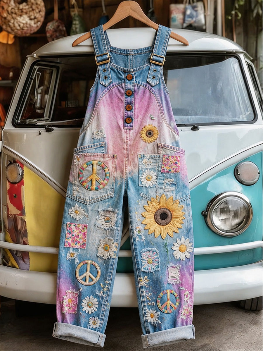 Women's Retro Style Art Print Washed Cotton Denim Patchwork Jumpsuit