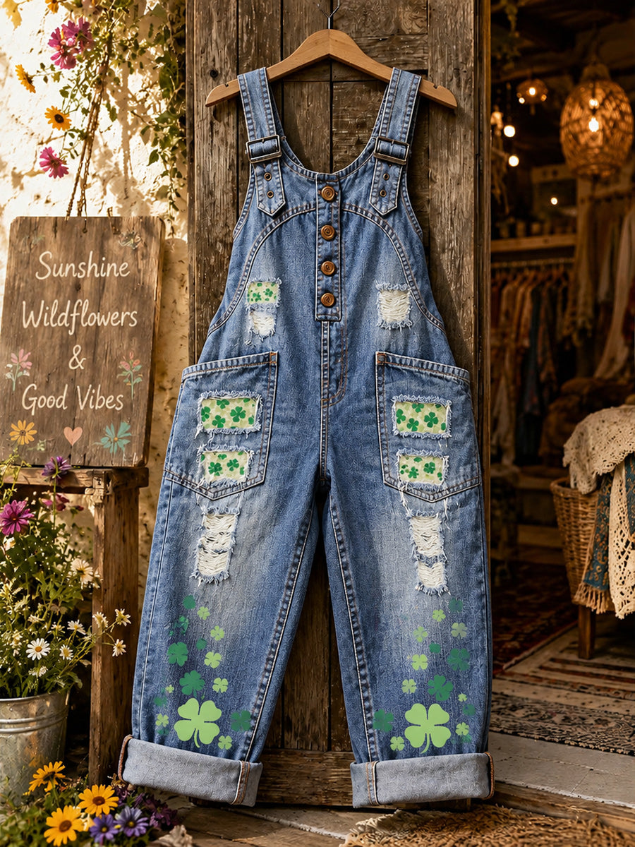 Women's Retro Style Art Print Washed Cotton Denim Patchwork Jumpsuit