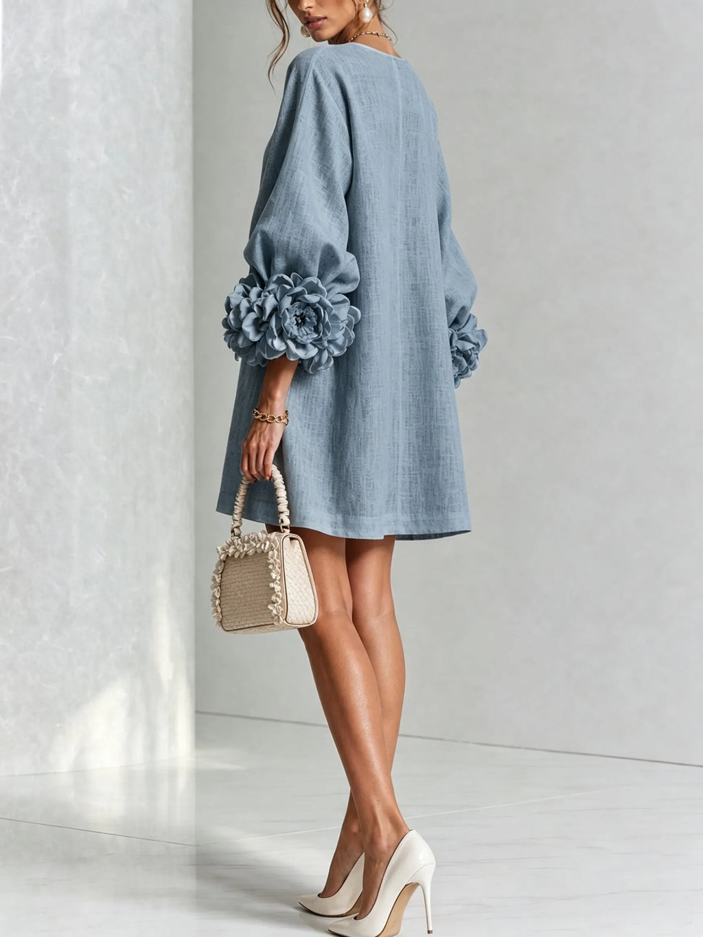 White Floral Button-down Mini Dress With Striking Floral Cuffs