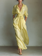 Lemon Yellow Cotton And Linen Blend Maxi Shirt Dress