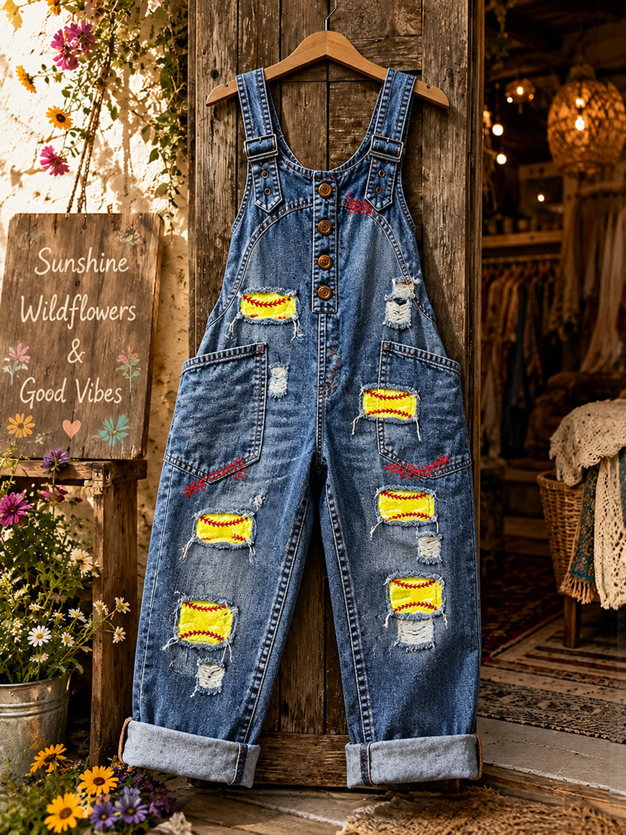 Women's Retro Style Art Print Washed Cotton Denim Patchwork Jumpsuit