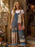 Women's Retro Style Art Print Denim Patchwork Jumpsuit