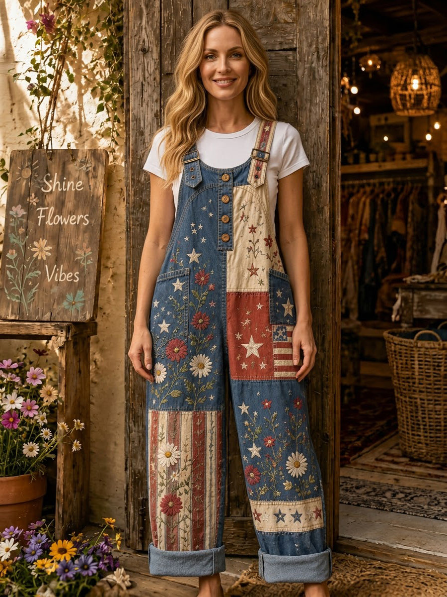 Women's Retro Style Art Print Denim Patchwork Jumpsuit
