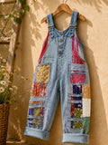 Women's Retro Style Art Print Washed Cotton Denim Patchwork Jumpsuit
