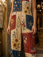 Women's Retro Style Art Print Washed Cotton Denim Patchwork Jumpsuit