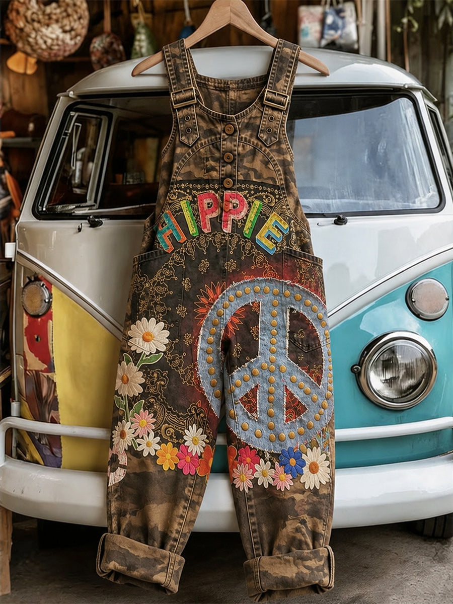 Women's Retro Style Art Print Washed Cotton Denim Patchwork Jumpsuit