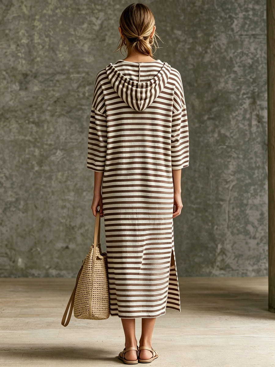 Striped Half-Zip Hooded Midi Dress