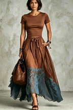 Brown Blue Lace Tulle Skirt Set
