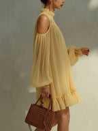 Lace Trim Cold-Shoulder Chiffon Mini Dress